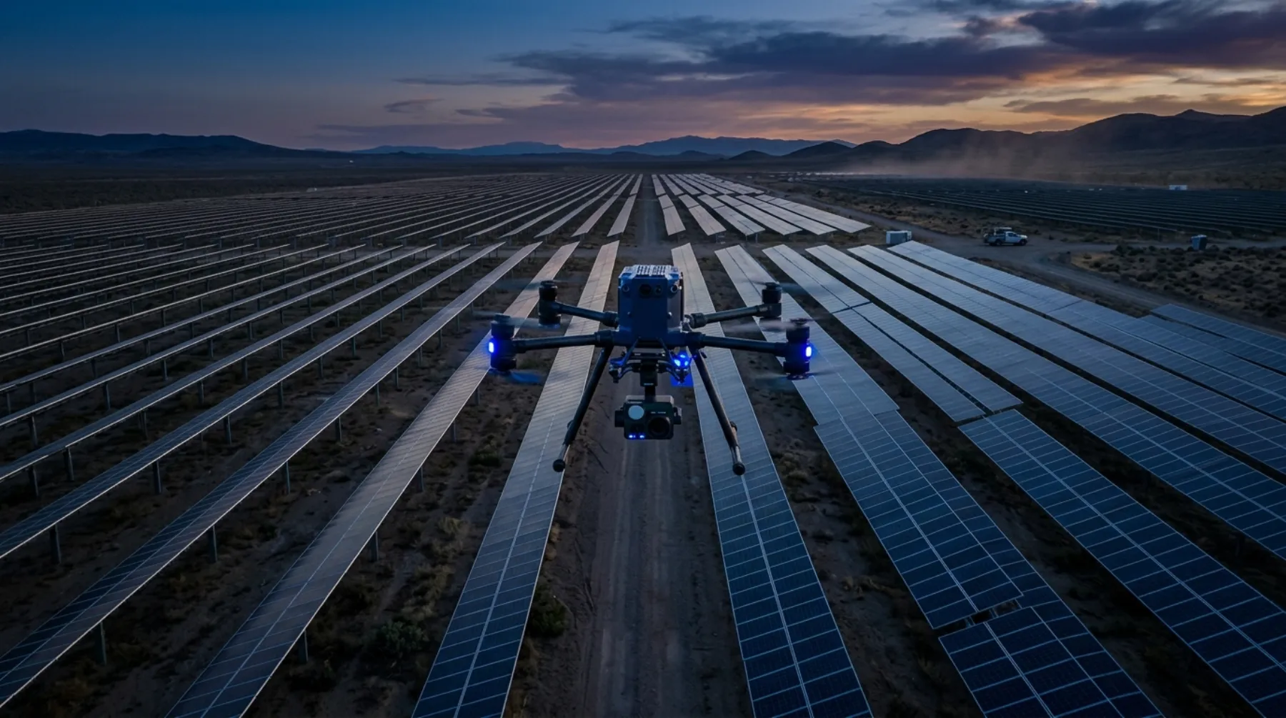 Güneş enerjisi santrali üzerinde uçan denetim dronu