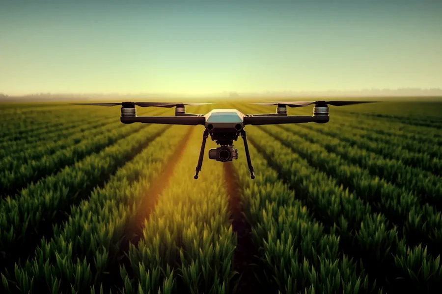 Spraying drone flying over farmland at sunrise