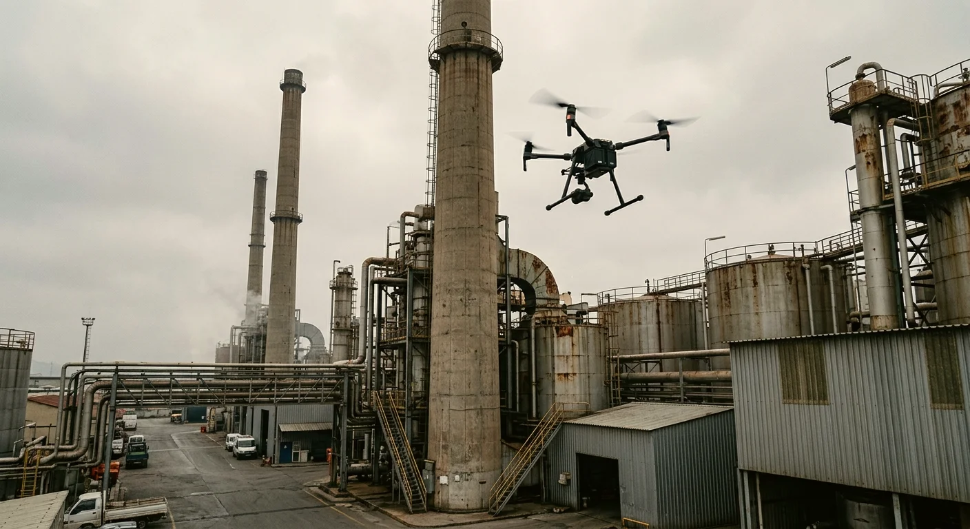 Gece endüstriyel rafineriyi denetleyen drone
