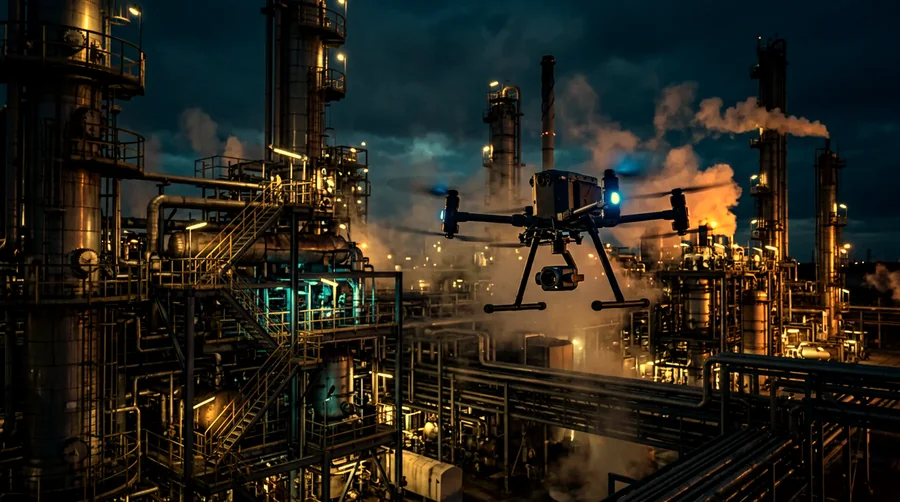 Drone inspecting an industrial refinery at night