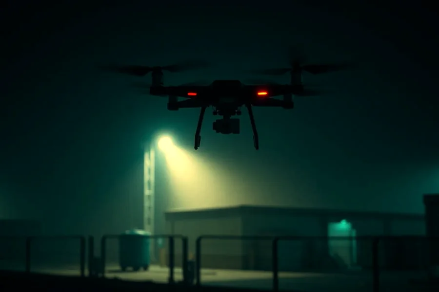 Security drone patrolling a facility at night