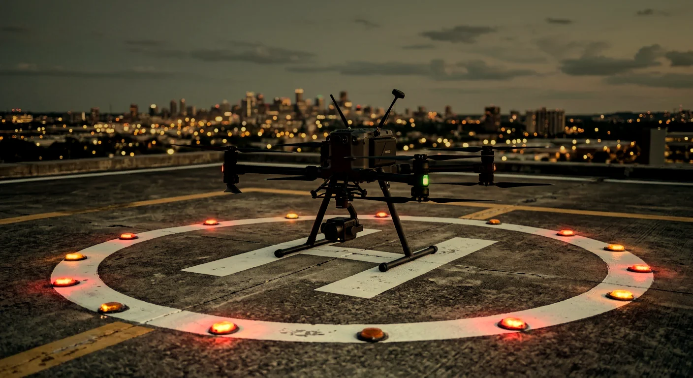 Inspection drone landing on an illuminated helipad