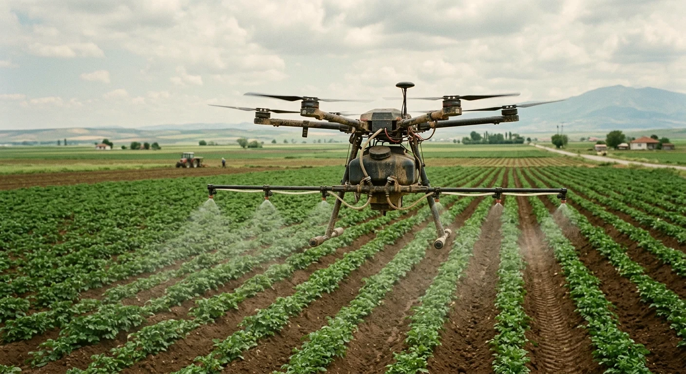 Gün doğumunda tarlanın üzerinde uçan ilaçlama dronu