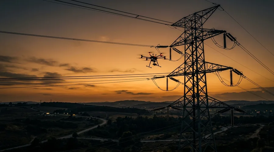 Drone inspecting a high-voltage pylon
