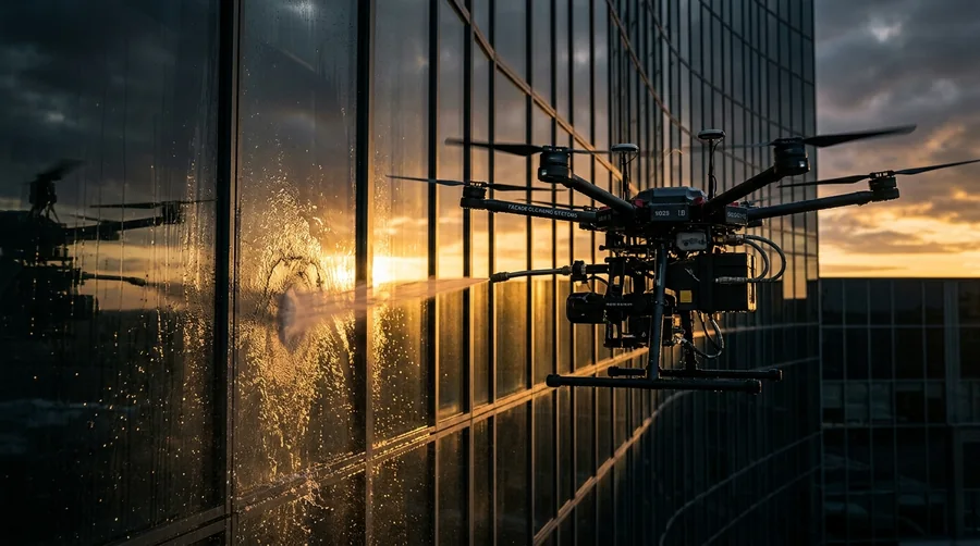 Drone cleaning a glass tower facade