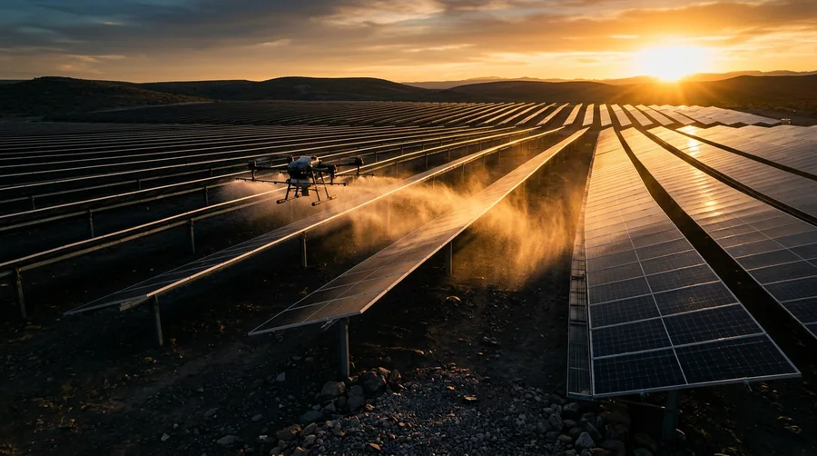 Drone cleaning a solar panel farm